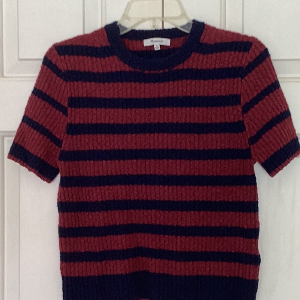 Madewell Burgundy and Navy Striped Crew Neck Sweater